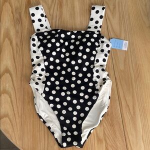 Lands' End Black and White Polka Dot One Piece Swimsuit
